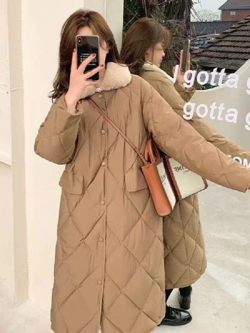 【影姐宠粉】冬季新款中长款菱形格休闲时尚毛领羽绒服外套女21103