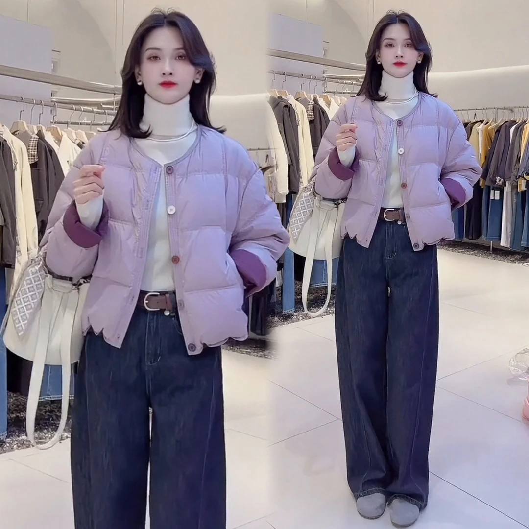 紫色棉服女短款2025冬季新款时尚百搭显瘦小个子保暖拼色棉衣外套