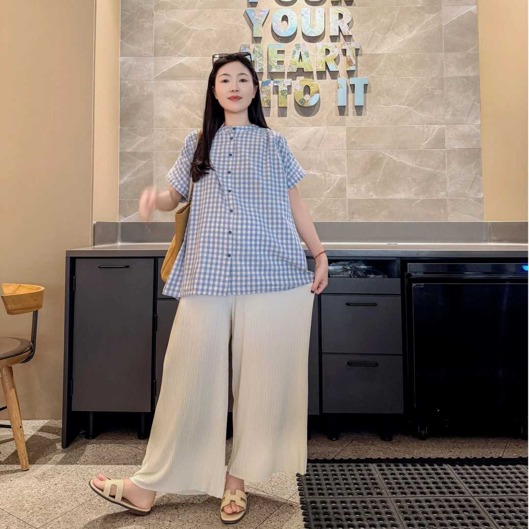 夏季新款孕妇装格子圆领衬衫韩版洋气时尚短袖潮妈可爱风减龄衫