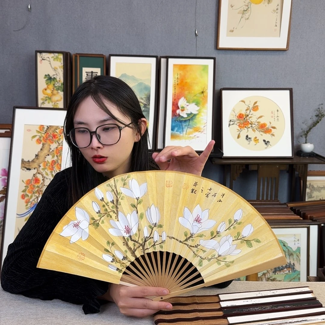 国画8寸水磨玉竹-纯手绘-文玩扇骨（默认粘好）