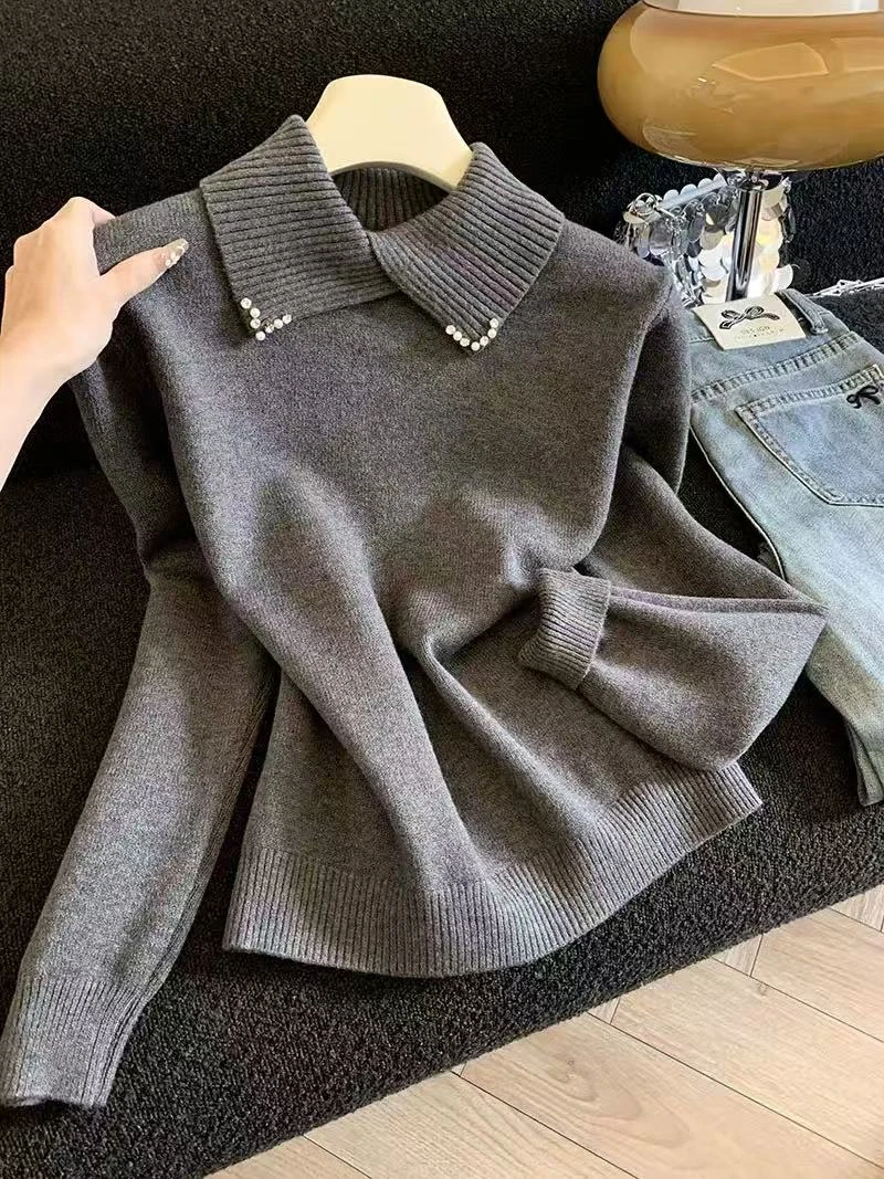 8772翻领钉珠纯色韩版秋冬polo休闲风毛针织衫