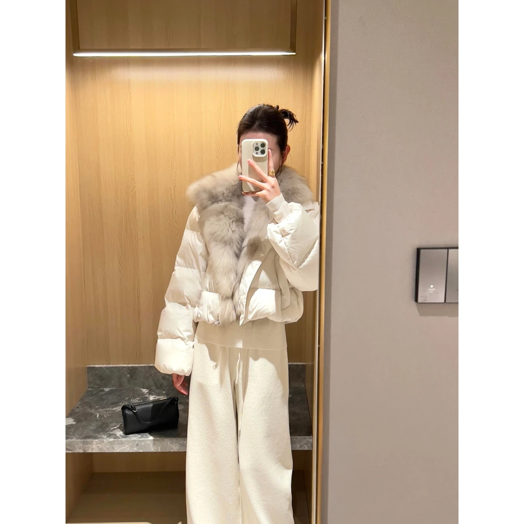 白色大毛领羽绒服女冬季2025新款小个子短款宽松加厚服袄外套