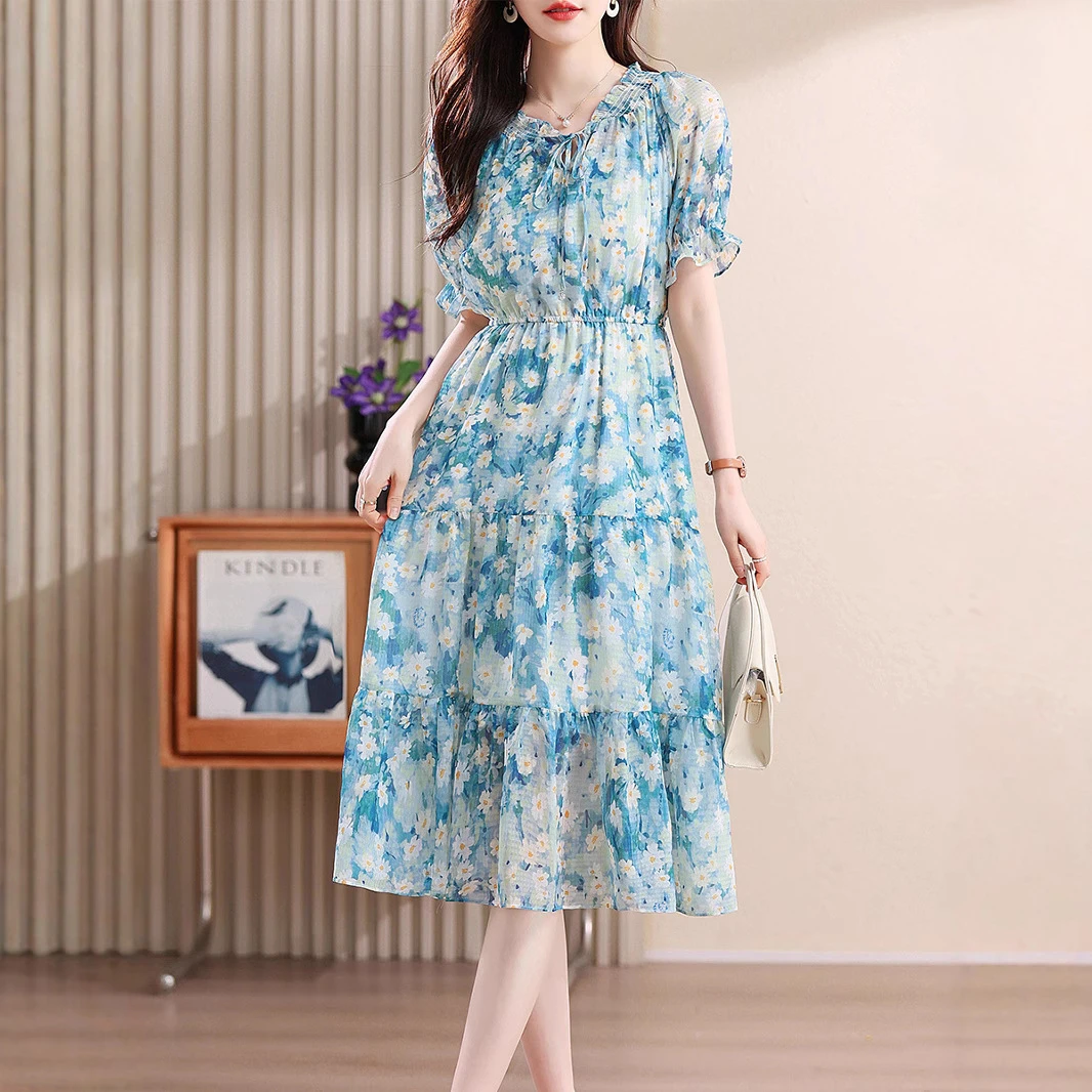 hmwl9923碎花雪纺连衣裙女2025夏季新款海边度假气质蓝色清新裙子