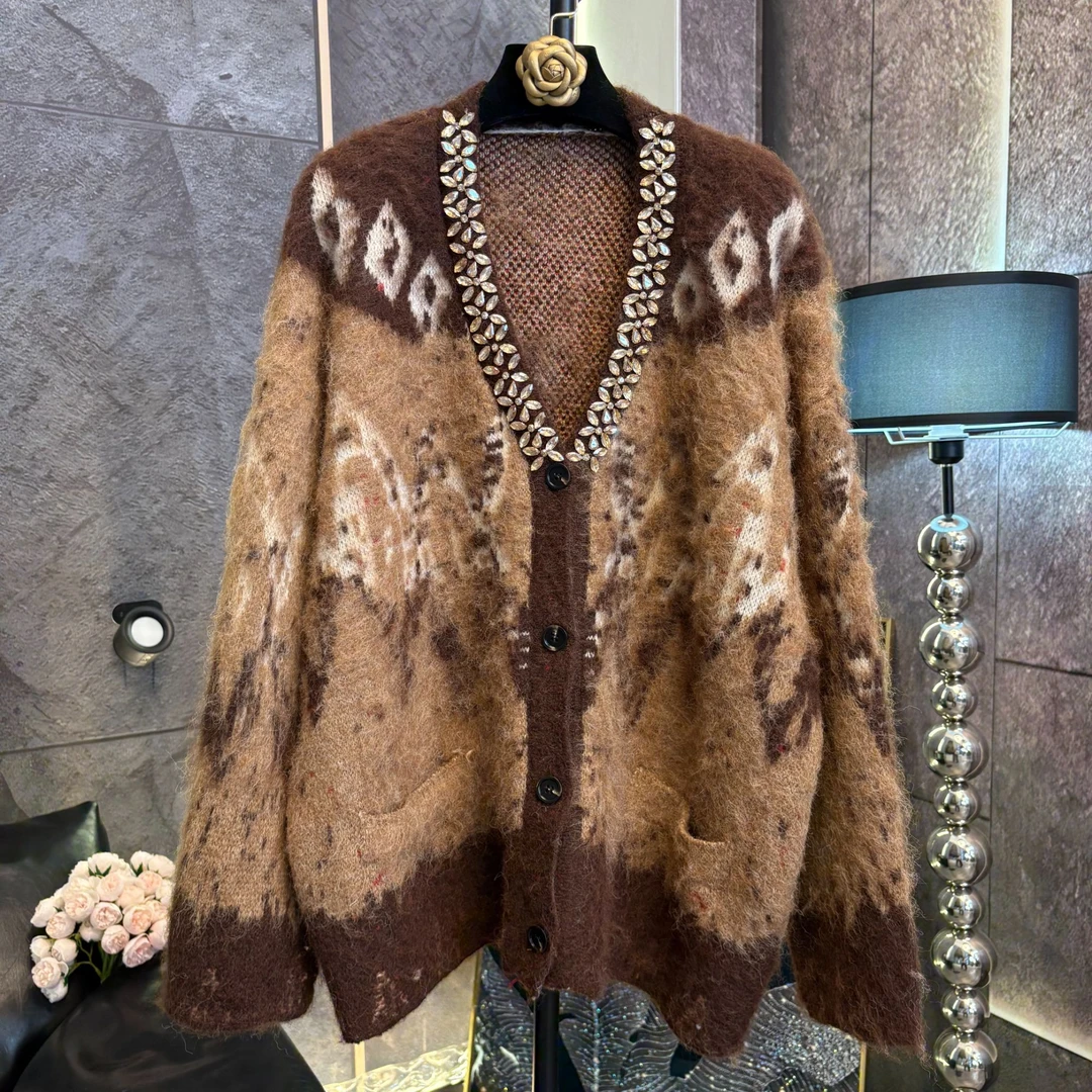 复古撞色水貂绒羊毛毛衣外套