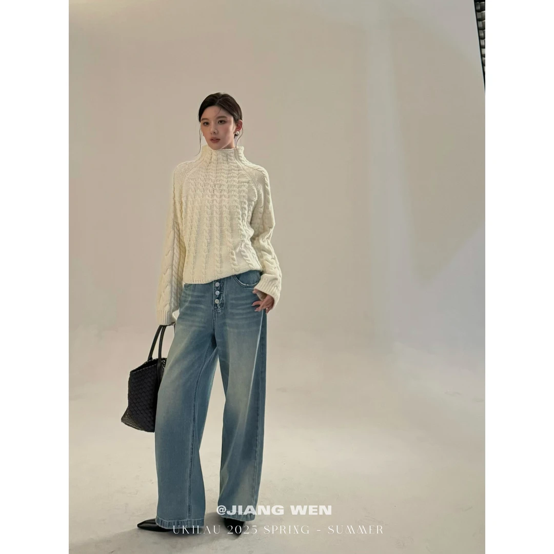 UKILAU【蓝城裤】复古美式高街水洗宽松直筒排扣设计痞帅牛仔裤