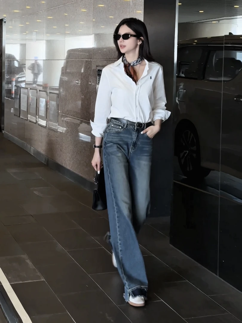 阿雅家-97J07(杨紫裤)夏季新款韩版复古微弹不贴腿喇叭牛仔裤