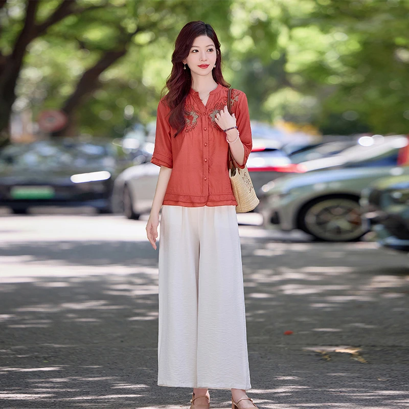 国风刺绣V领天丝麻套装女2025夏季新款时尚减龄显瘦阔腿裤两件套