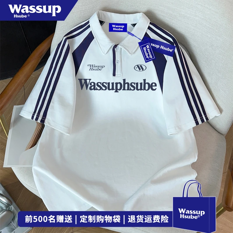 WASSUP HSUBE美式原创字母纯棉Polo衫短袖男休闲百搭白拼藏青上衣