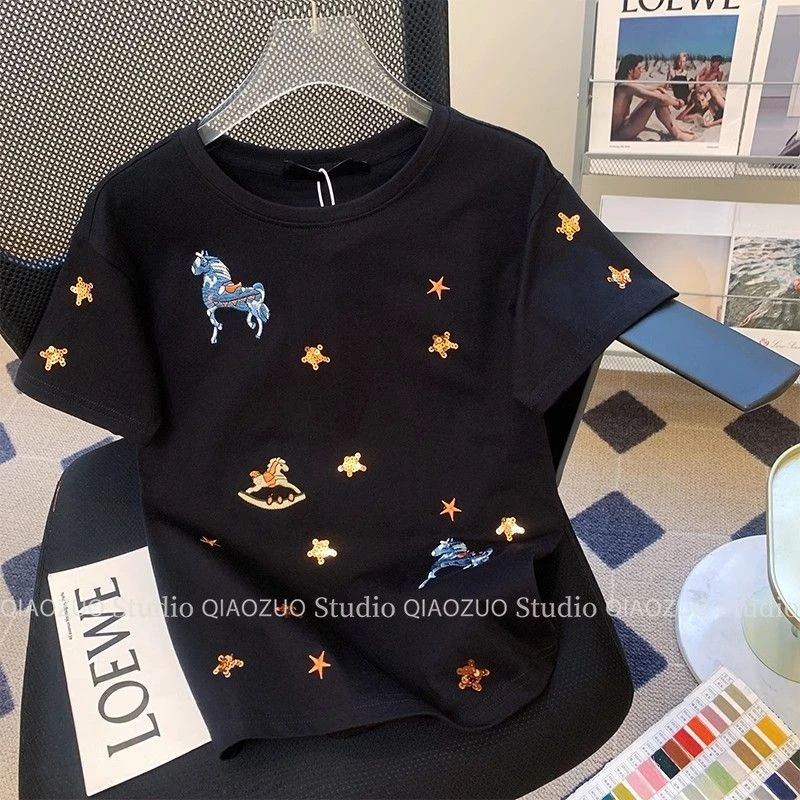 2025夏季大码女装美式小众短袖t恤女夏季别致宽松上衣小众轻奢ins