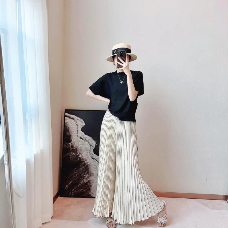 【褶二喜】夏季显瘦褶皱阔脚裤女三宅风九分裤宽松百褶裤垂坠感