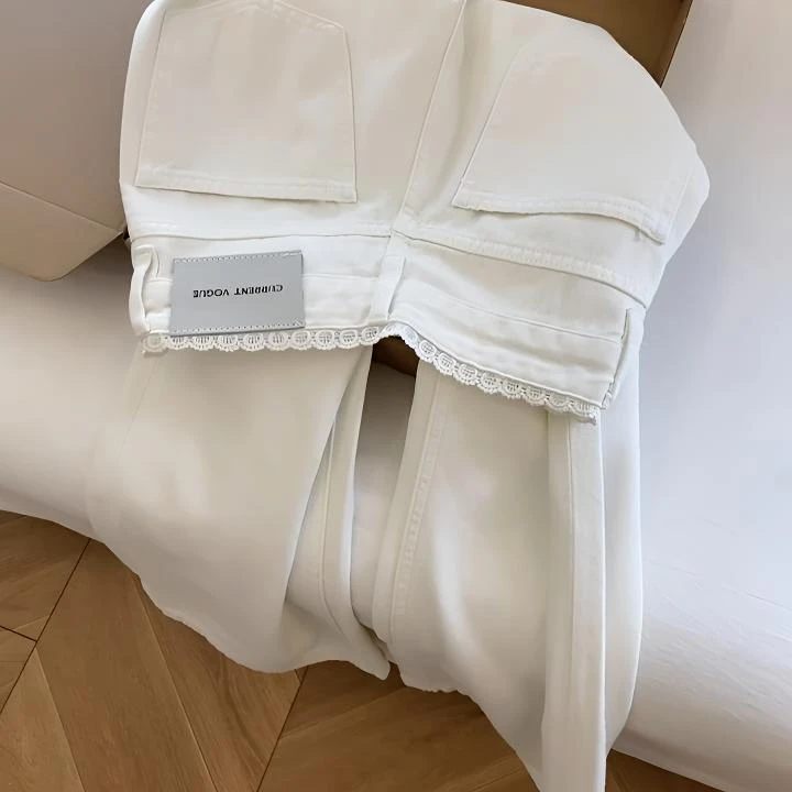 【阳阳妈专属】白色花边高腰直筒牛仔裤女春夏设计感宽松阔腿拖地裤