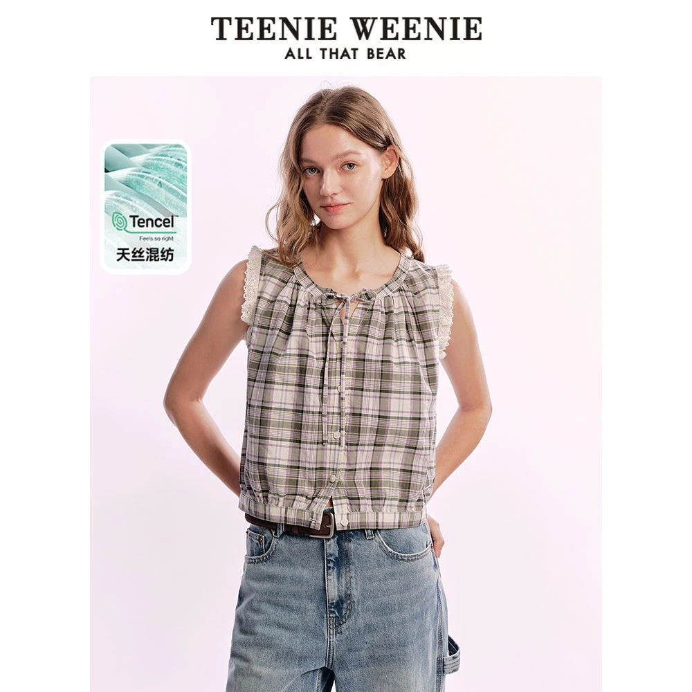 TeenieWeenie小熊衬衫25甜美清新田园格纹无袖上衣女TTYC256402N