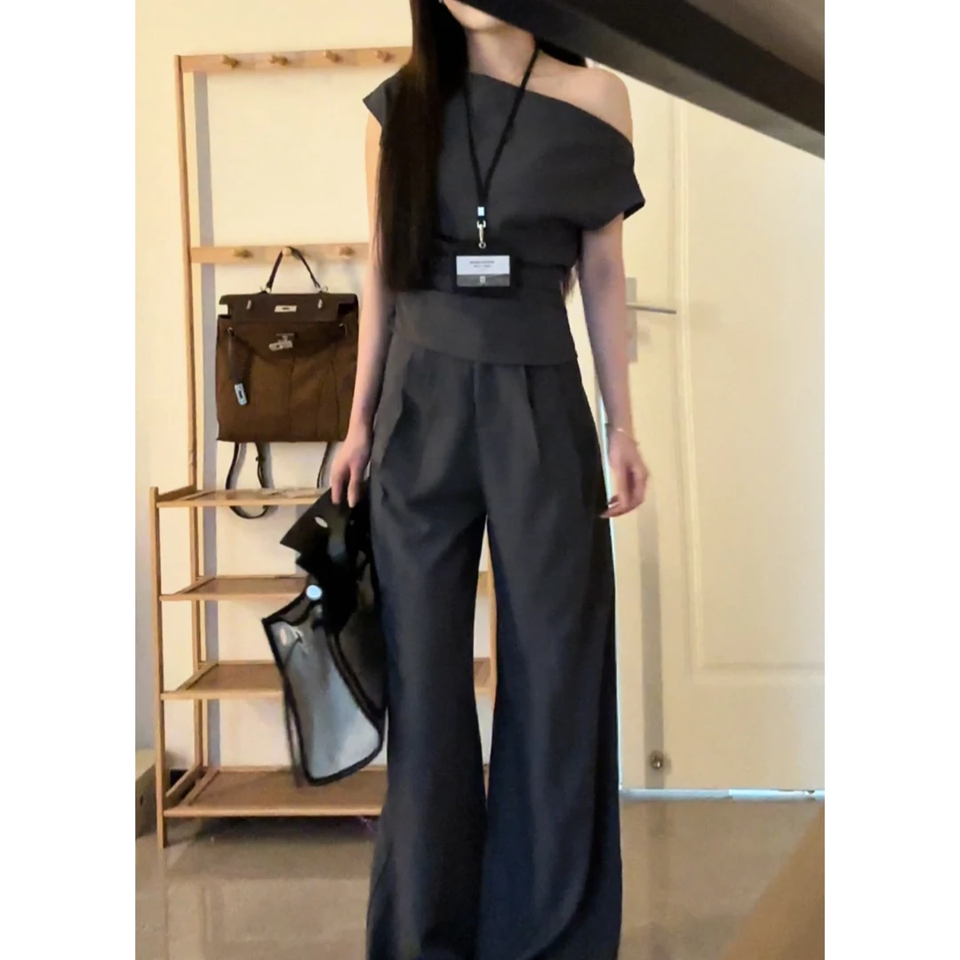 SZA【浮光森林】夏季韩系高级感简约休闲斜领露肩阔腿裤套装A-1845