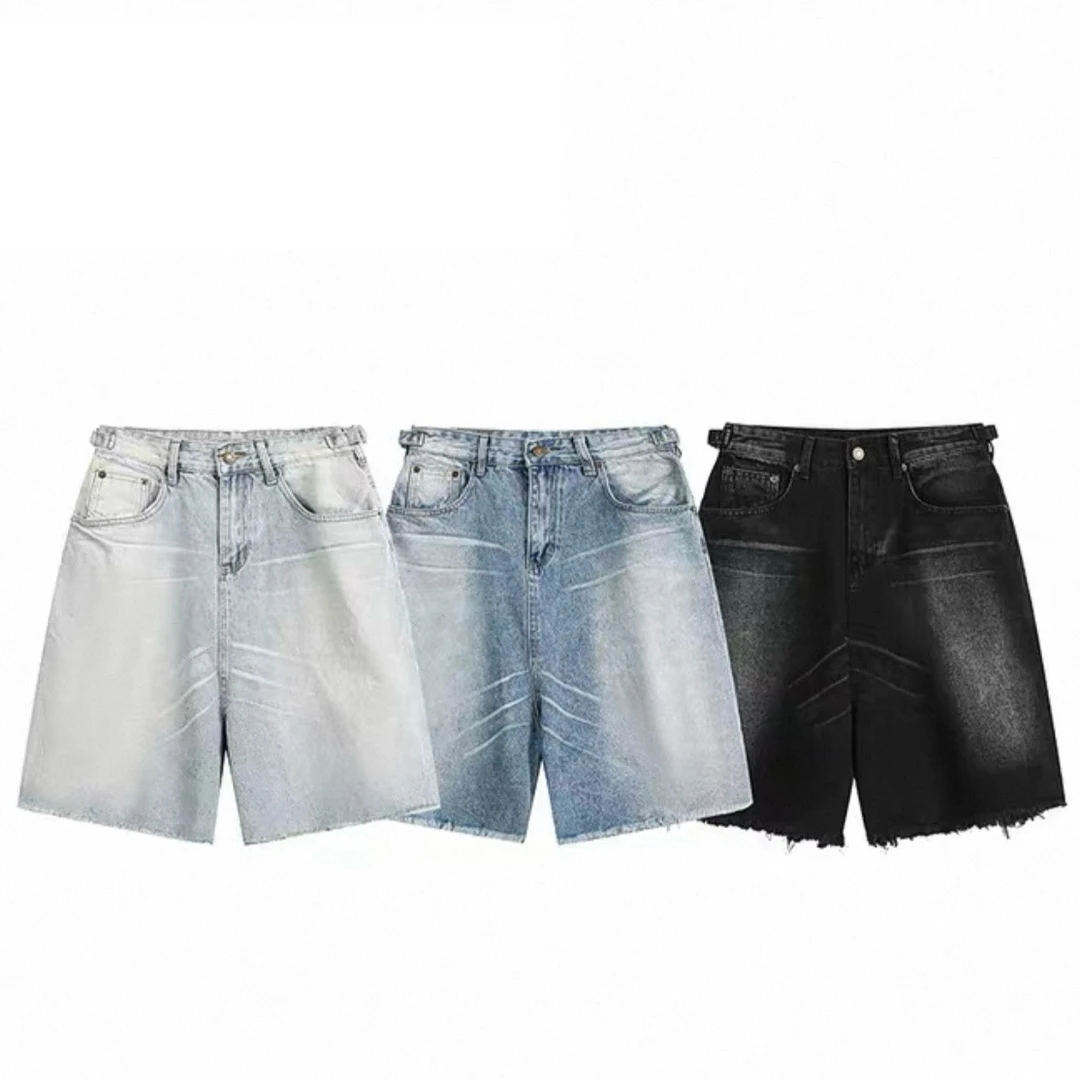 夏季美式水洗毛边短裤男女同款五分中裤-6230