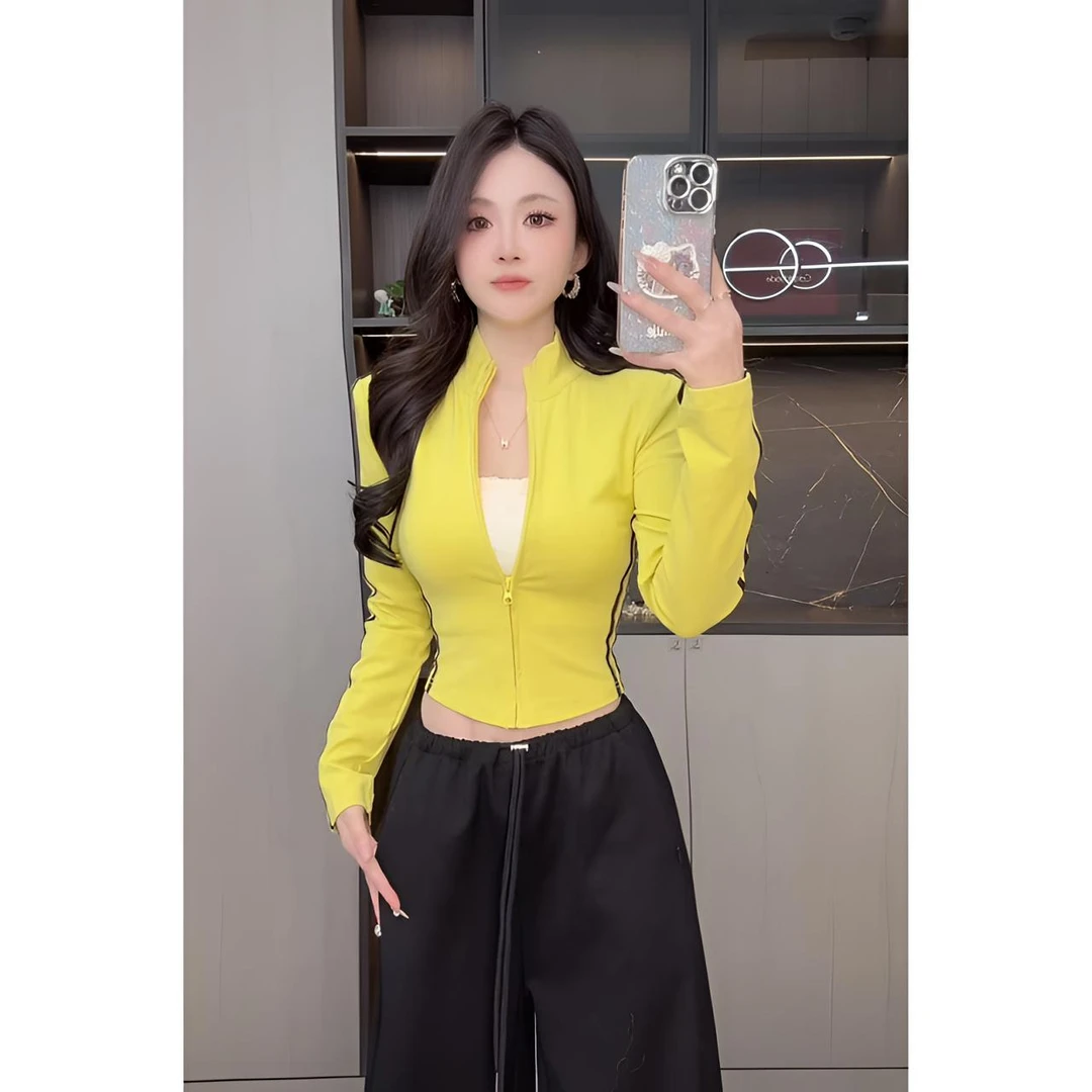 曼曼【条纹公式】美式复古撞色条纹拉链立领长袖T恤