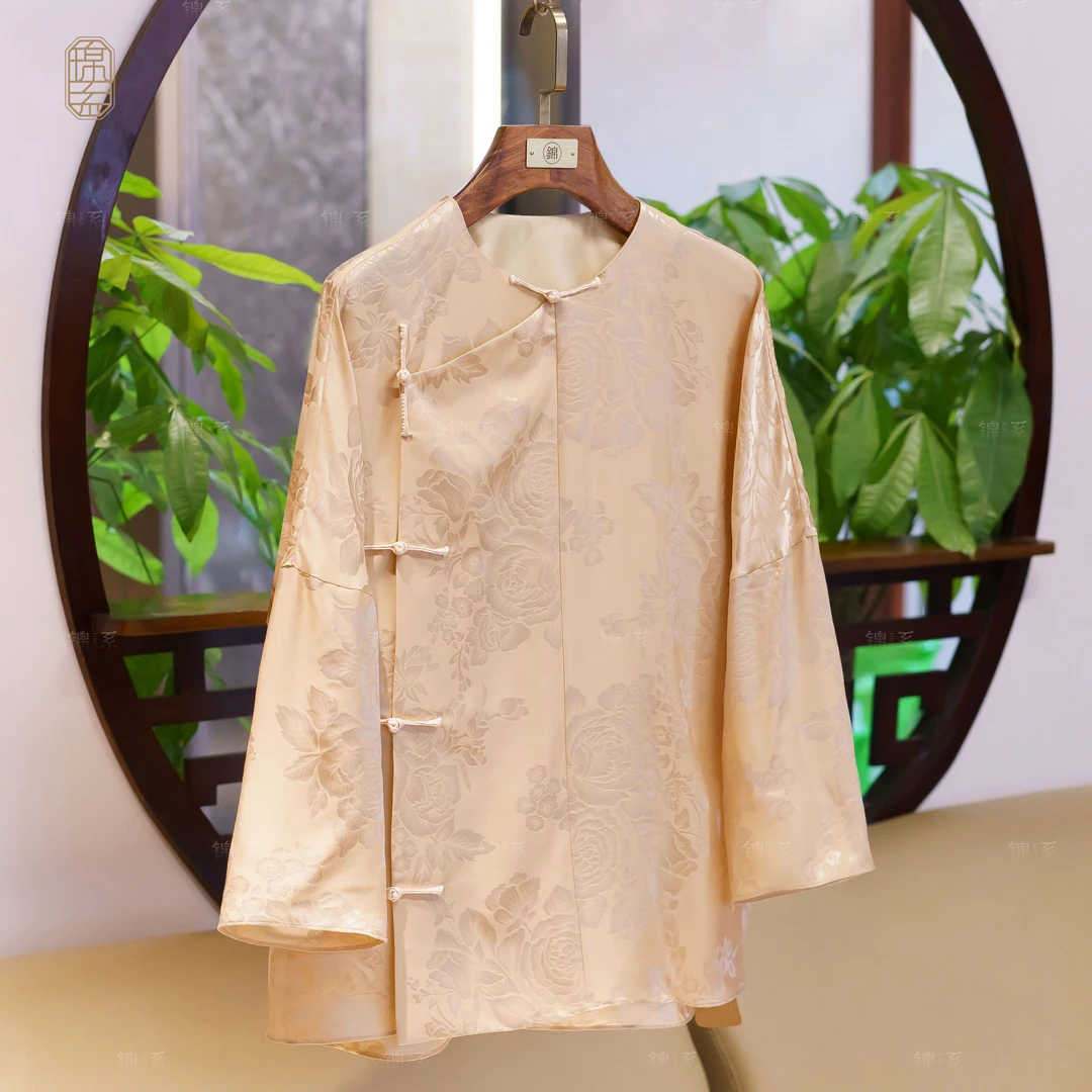 【锦系~新款】丝毛提花新中式国风桑蚕丝圆领斜襟长袖外套-E-382549