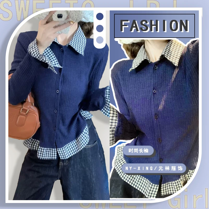 复古格子假两件长袖T恤女polo领2025春款修身显瘦打底衫外穿上衣