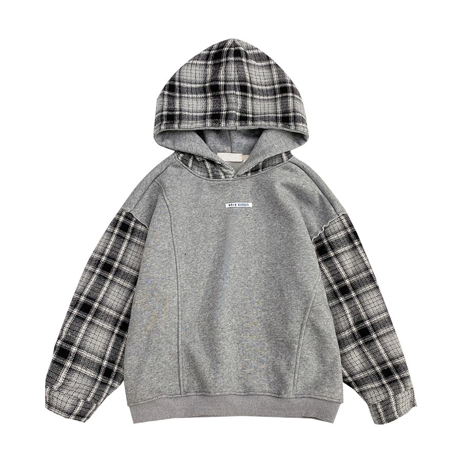 Y6016男童加绒卫衣冬装连帽上衣洋气假两件儿童一体绒外套