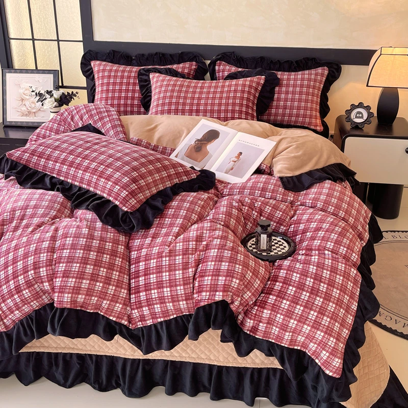 简约网红格子加厚牛奶绒床盖款四件套双面加绒加厚床单被套可机洗