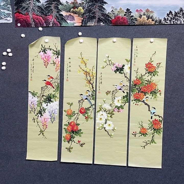 国画四条屏花鸟一套