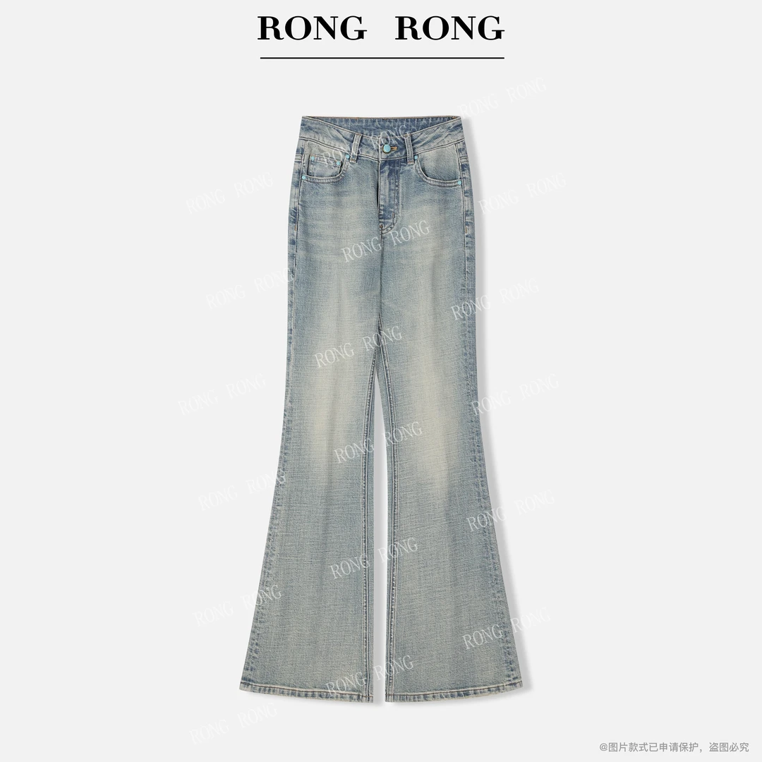 溶溶J【知名港风】RONGRONG 复古做旧洗水修腿显瘦牛仔喇叭裤BR1001
