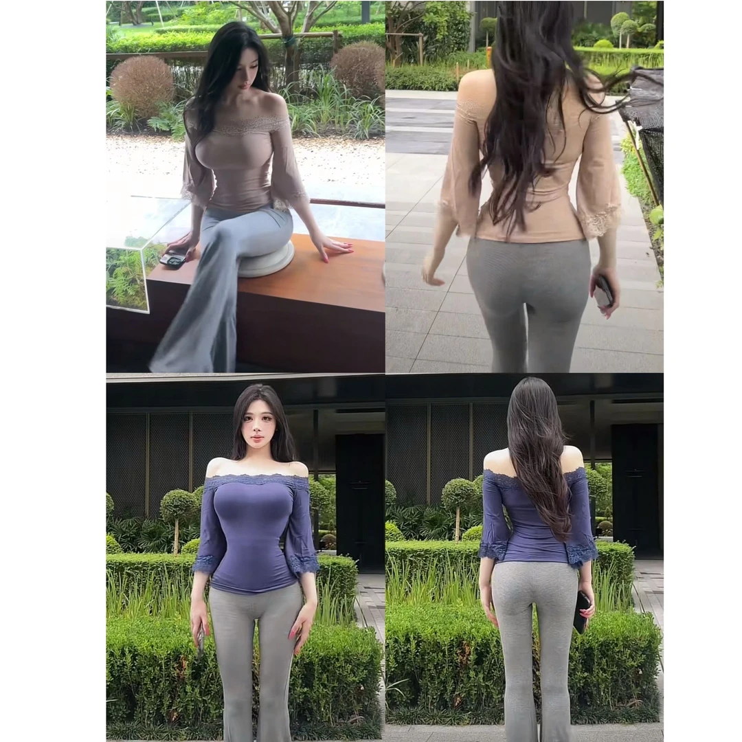 洋气柔媚纸片人性感蕾丝一字肩女修身显瘦舒适纯欲风露肩针织上衣