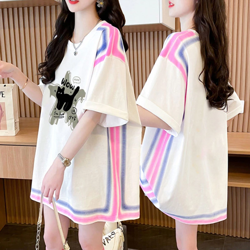 潮流外穿中长款显瘦100%纯棉短袖T恤女2025夏季新款韩版宽松上衣