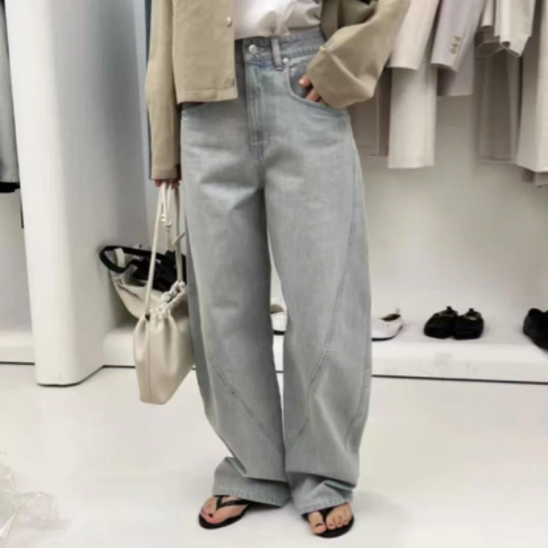韩国东大门代购edit2025春新款两色高腰斜线设计休闲牛仔裤