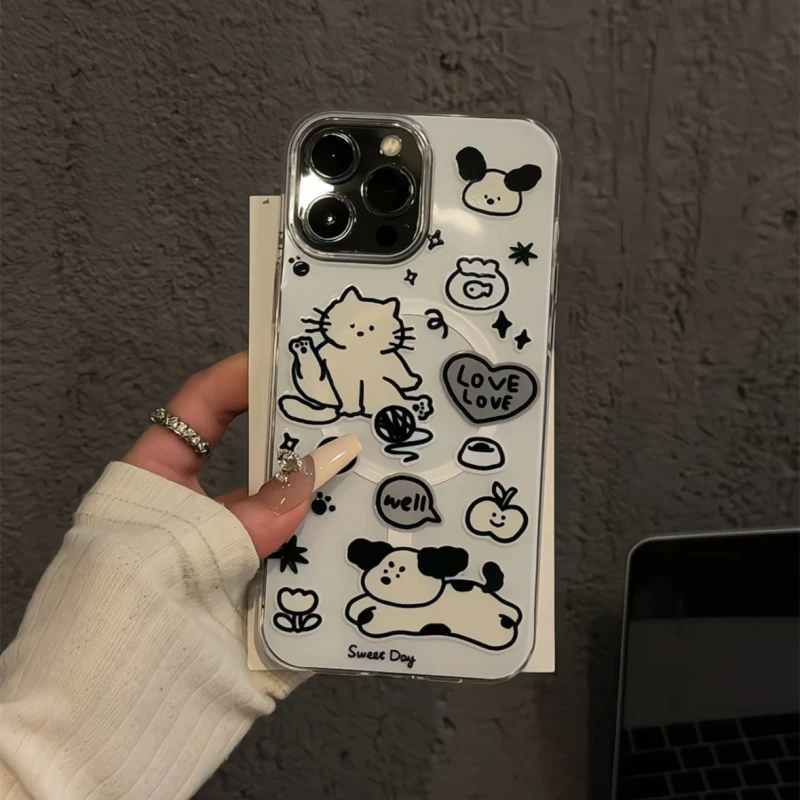 适用苹果16pro双层IMD磁吸手机壳iPhone15涂鸦线条猫咪狗狗华为60