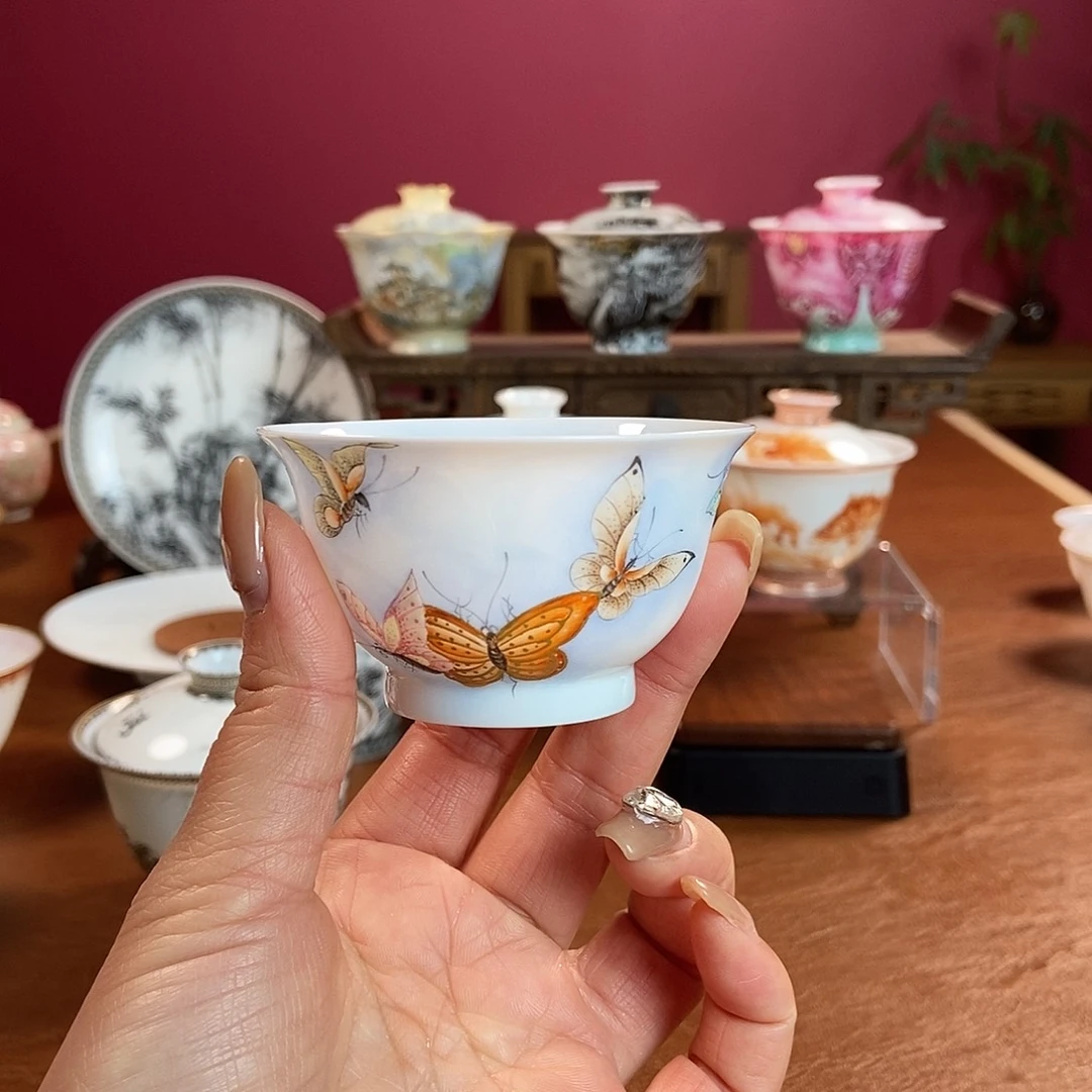 君***僧山月闲超薄胎脱胎瓷高温手工粉彩蝴蝶主人杯