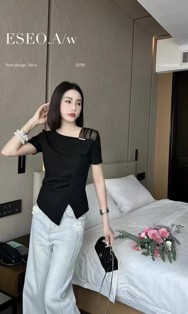 不规则领蕾丝拼接洋气短袖T恤女夏季时尚修身显瘦百搭