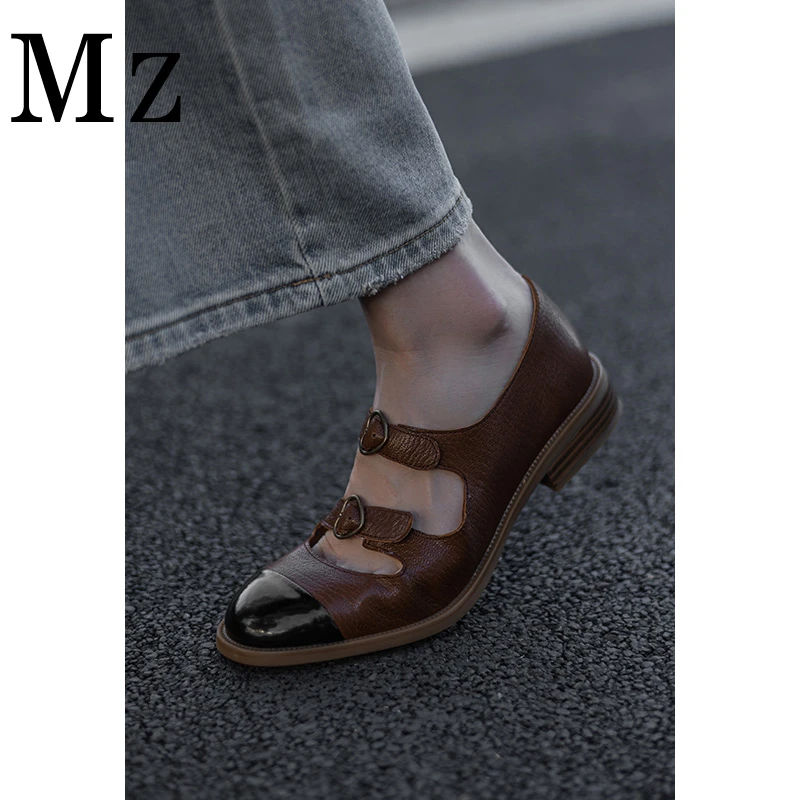 Mr.Zheng/2.5cm/小香风平底圆头一字带玛丽珍鞋拼色浅口百搭单鞋