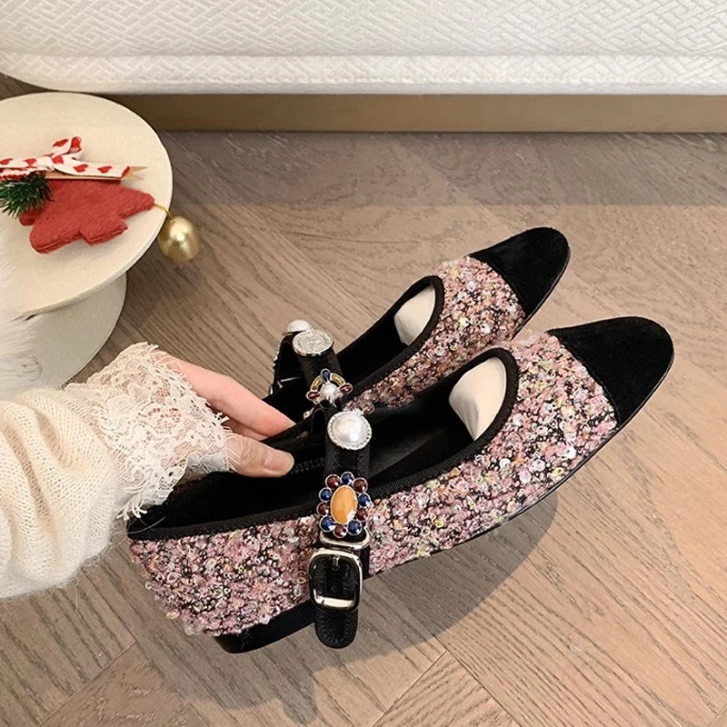 春夏安妮小香风拼色花呢徽章扣玛丽珍鞋子夏天穿裙子宴会专用鞋子