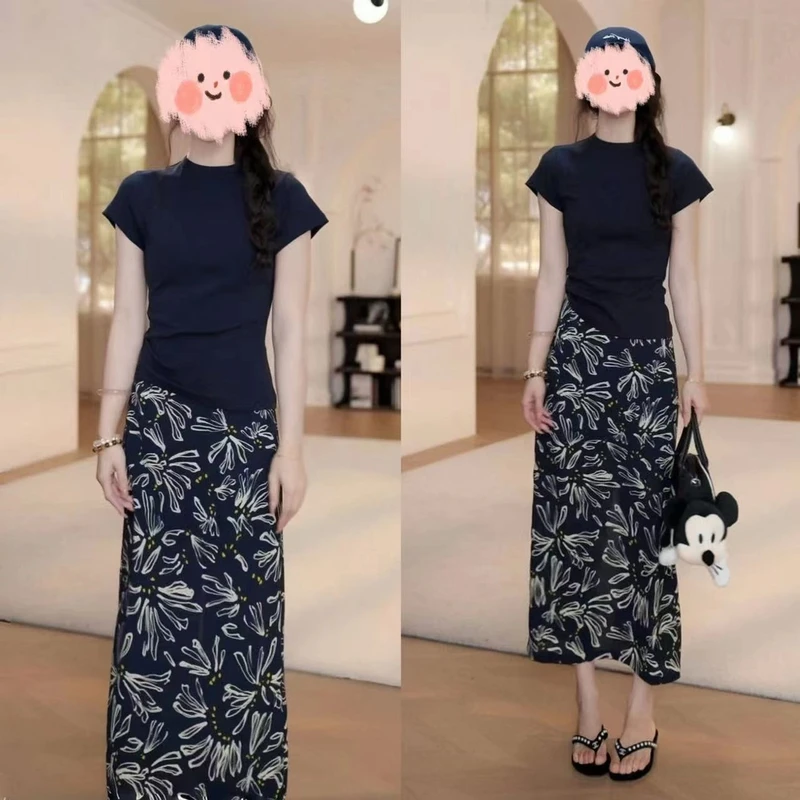 洋气衣服女2025夏季减龄显瘦短袖T恤上衣百搭大花半身裙气质套装