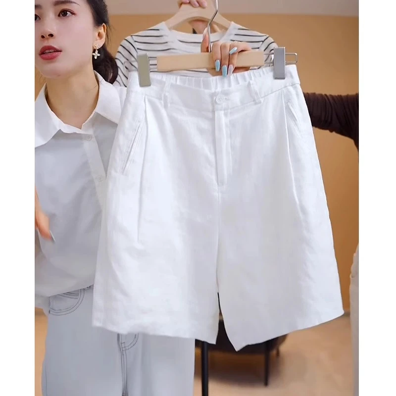 高腰天丝亚麻短裤女夏季2025新款时尚薄款阔腿裤宽松显瘦直筒裤子