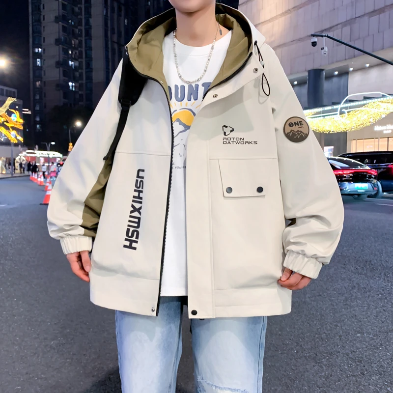 青少年工装夹克衫男士春秋季新款连帽冲锋衣青少年拼色外套上衣服