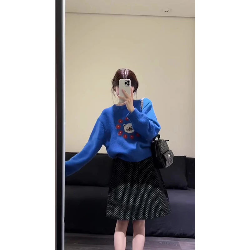 韩版百搭卡通慵懒保暖套头毛衣女冬季新款宽松上衣潮+半身裙套装