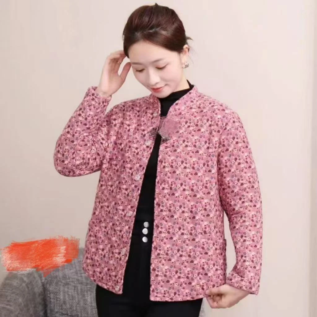 花棉袄老年人妈妈装中冬季碎花棉衣女加绒加厚保暖棉服外套大码