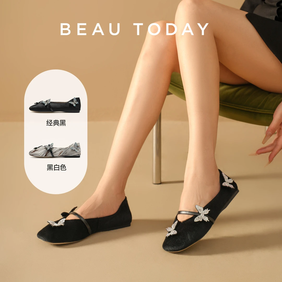 BeauToday【轻奢羊皮】蝴蝶玛丽珍女鞋富家千金大小姐轻奢鞋子