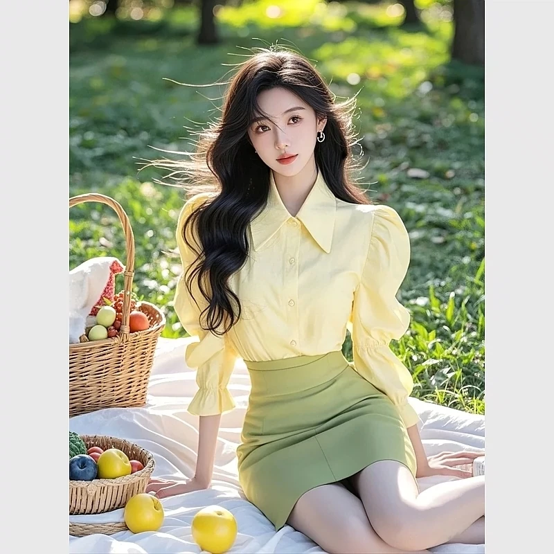 2025春新款爆款流行高级感减龄洋气超好看设计感黄色泡泡袖衬衫女