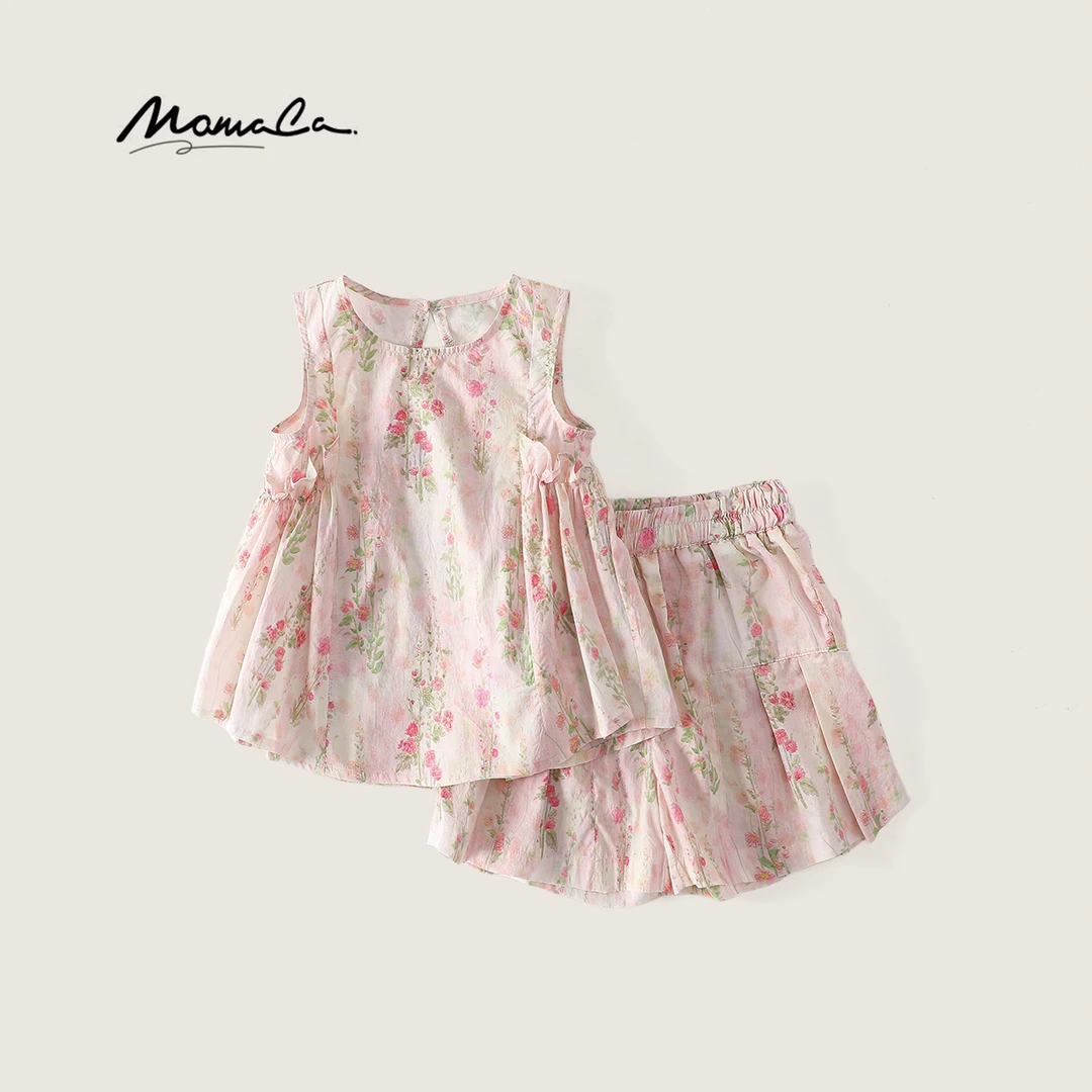MOMOCO夏季女童时尚甜美小花挂脖背心套装时尚两件套77620580037