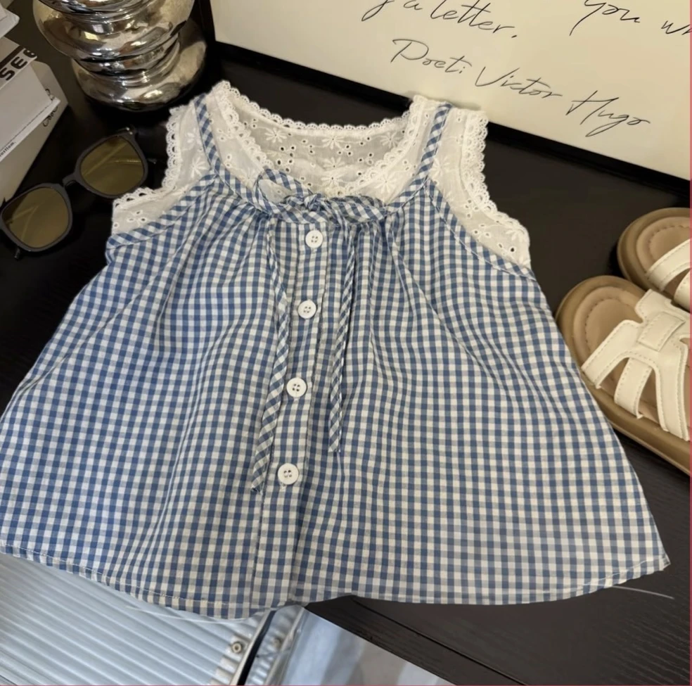 女童2025夏季新款蕾丝假两件无袖儿童蓝色格子上衣洋气时尚百搭