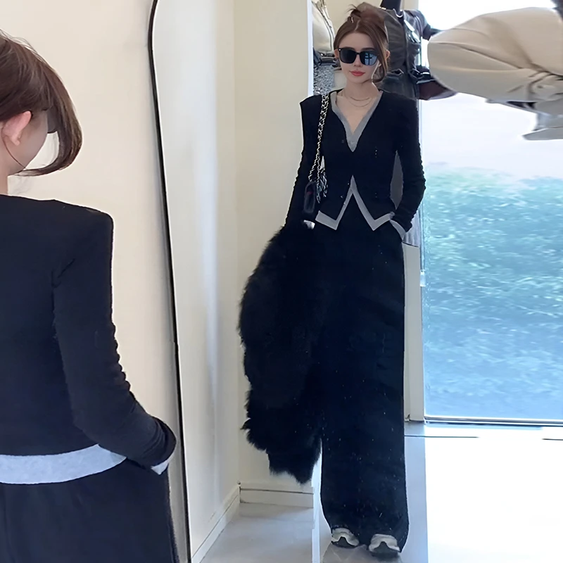 时尚休闲运动服套装女2025年春秋季新款假两件长袖阔腿长裤两件套