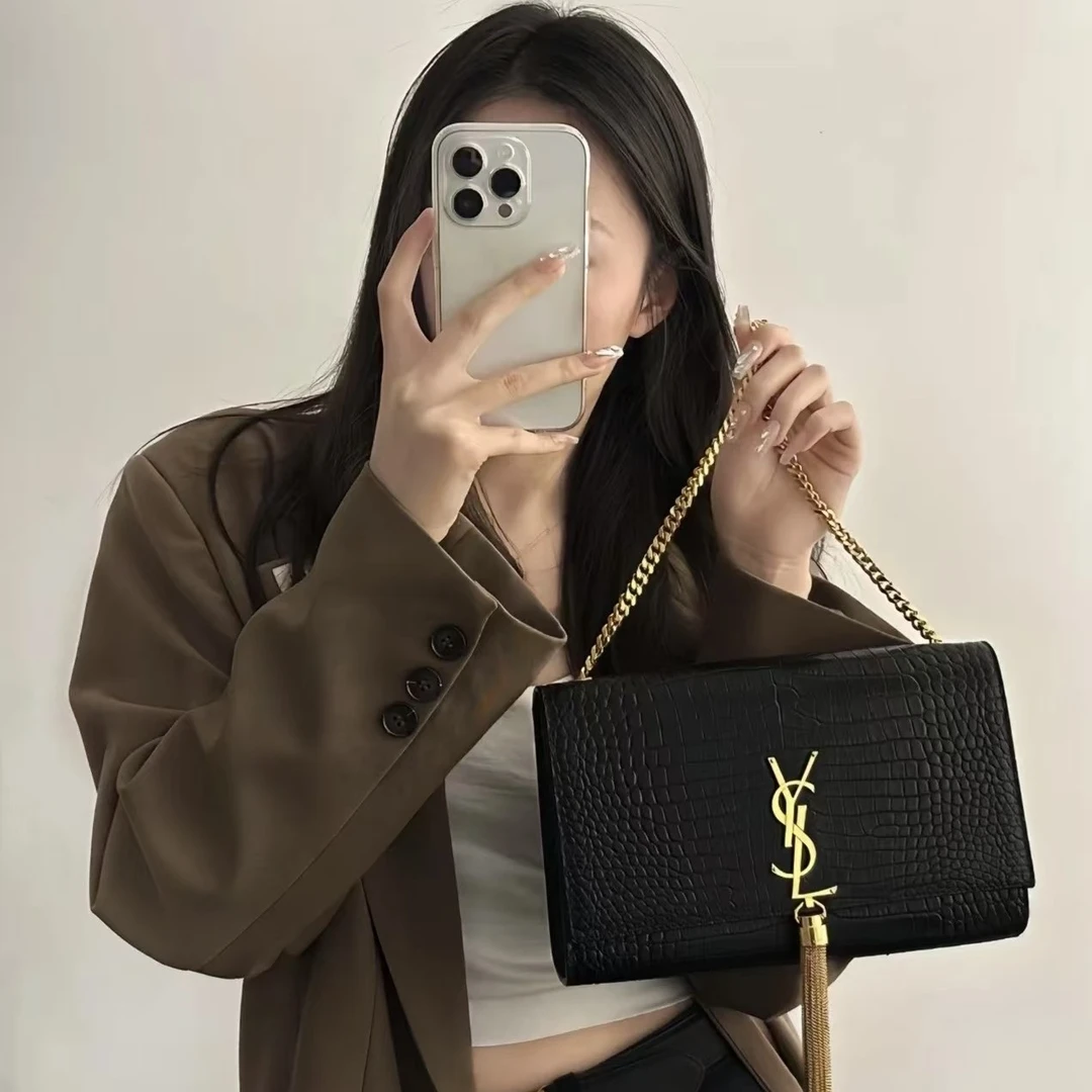 95新 YSL/圣罗兰 95新yslkate黑金鳄鳄压纹流苏中号13727304