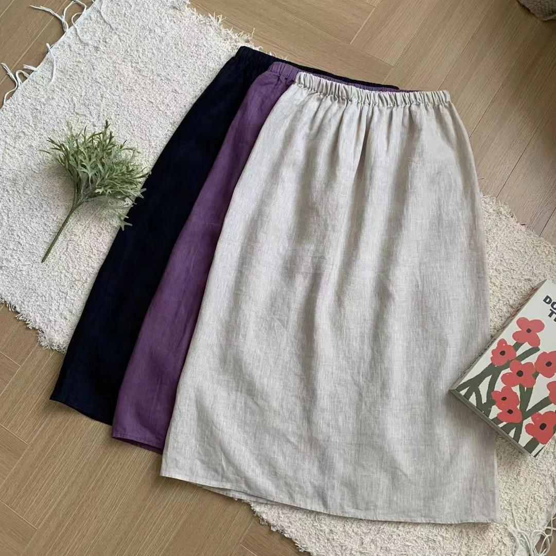 素心轻奢2025夏季新款纯亚麻半身裙薄款直筒宽松显瘦百搭中长裙女
