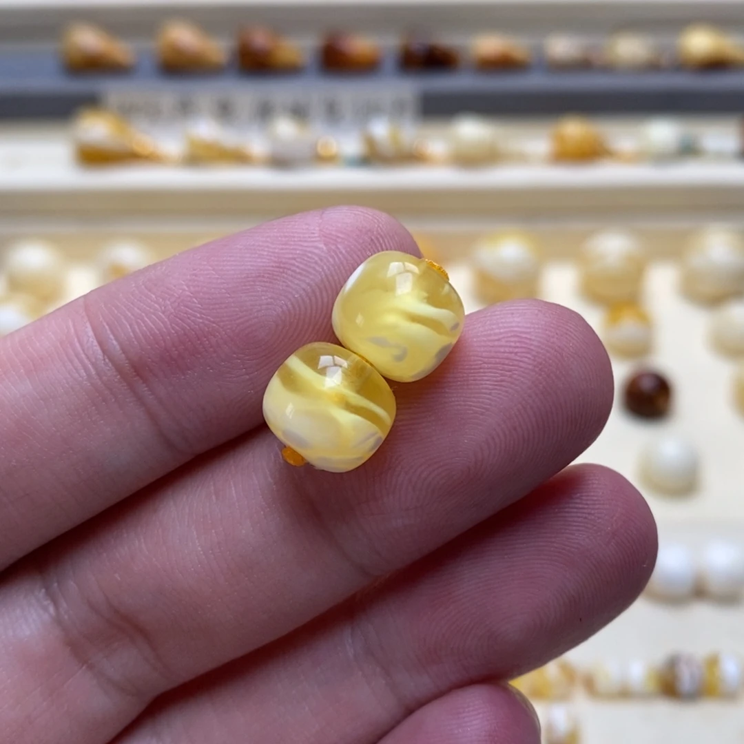 琥珀未镶嵌珠宝奇石10+金瓷白溶洞妖花同料老型对珠