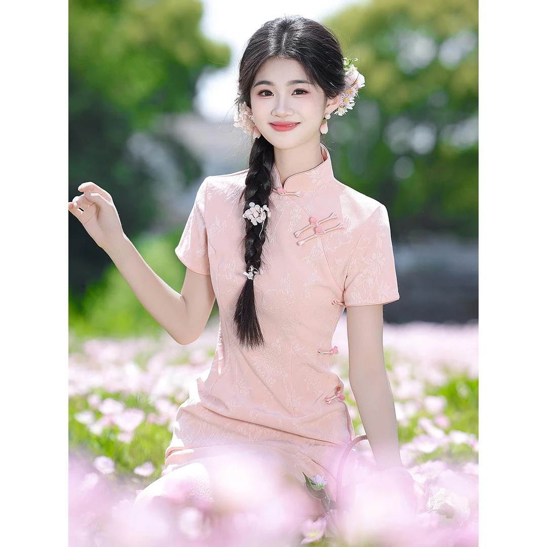 粉色旗袍2025新款夏季改良年轻款少女高级感新中式国风连衣裙清新