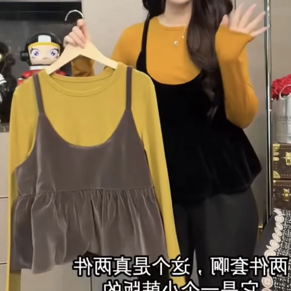 韩系减龄马甲搭配T恤时尚小个子娃娃款宽松显瘦两件套上衣女装