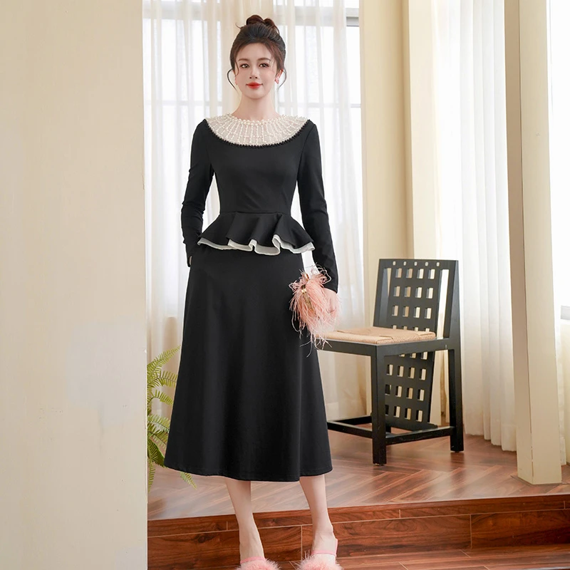 秋冬休闲气质针织显瘦长袖赫本风长裙拼接假两件复古连衣裙45407