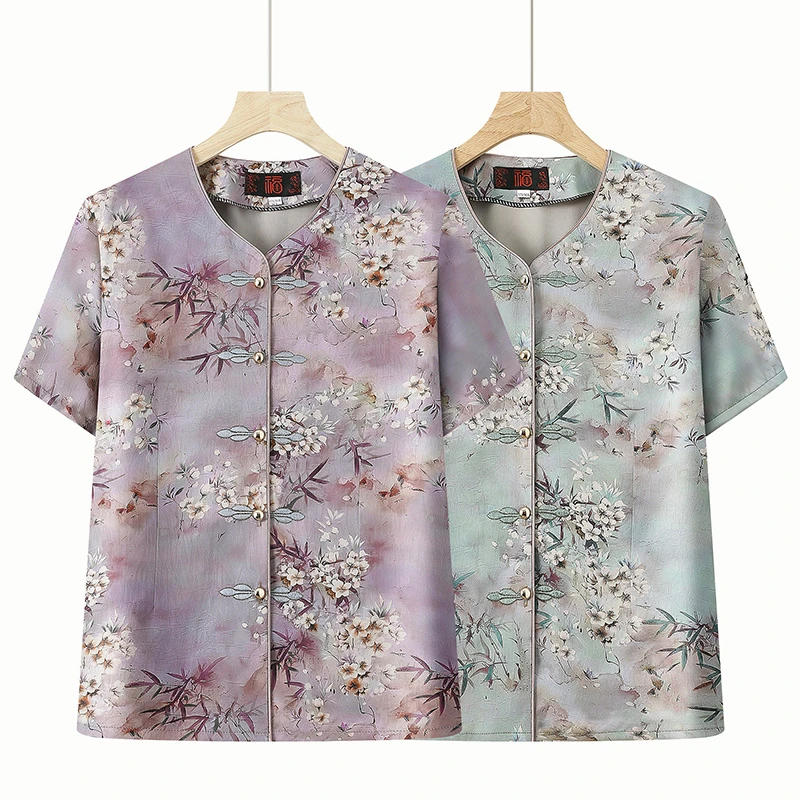 2025夏季气质知性中老年衬衫印花短袖新中式舒适上衣妈妈奶奶装